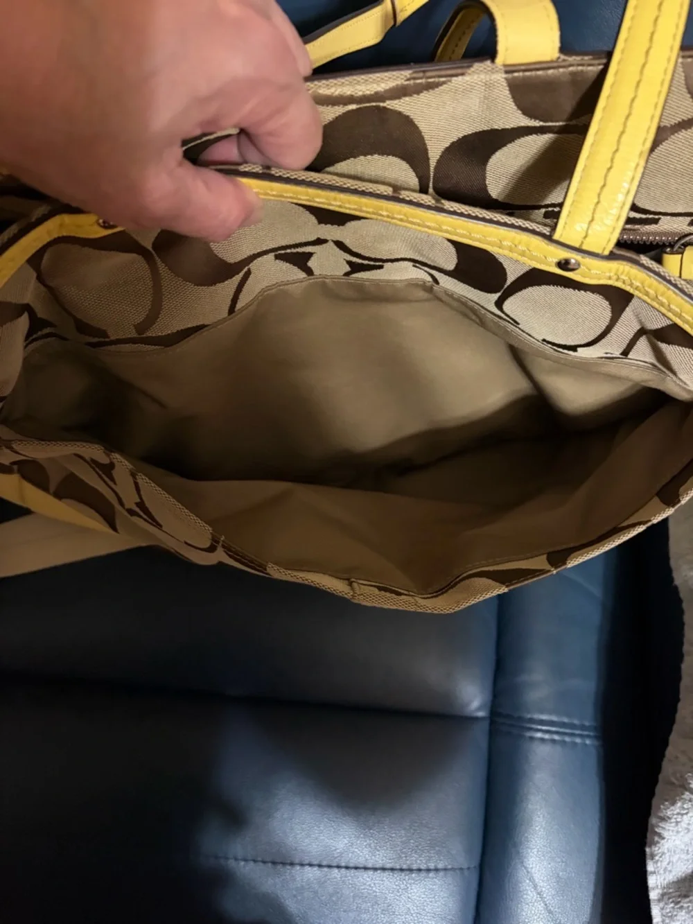 Coach Brown Signature Canvas Tote with Yellow Trim